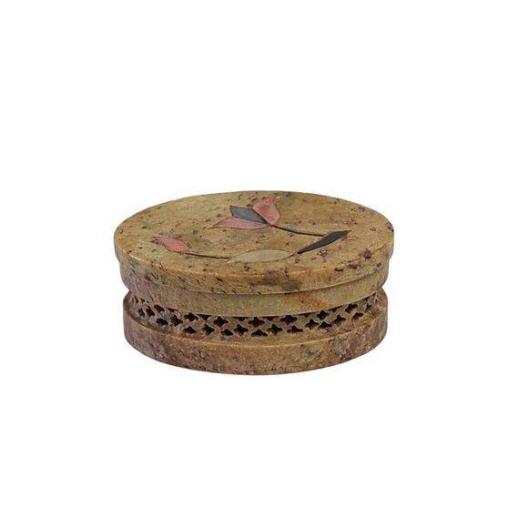 Vintage Carved Soapstone Trinket Jewelry Box Mother of Pearl Floral Inlay Decor - Picture 1 of 11